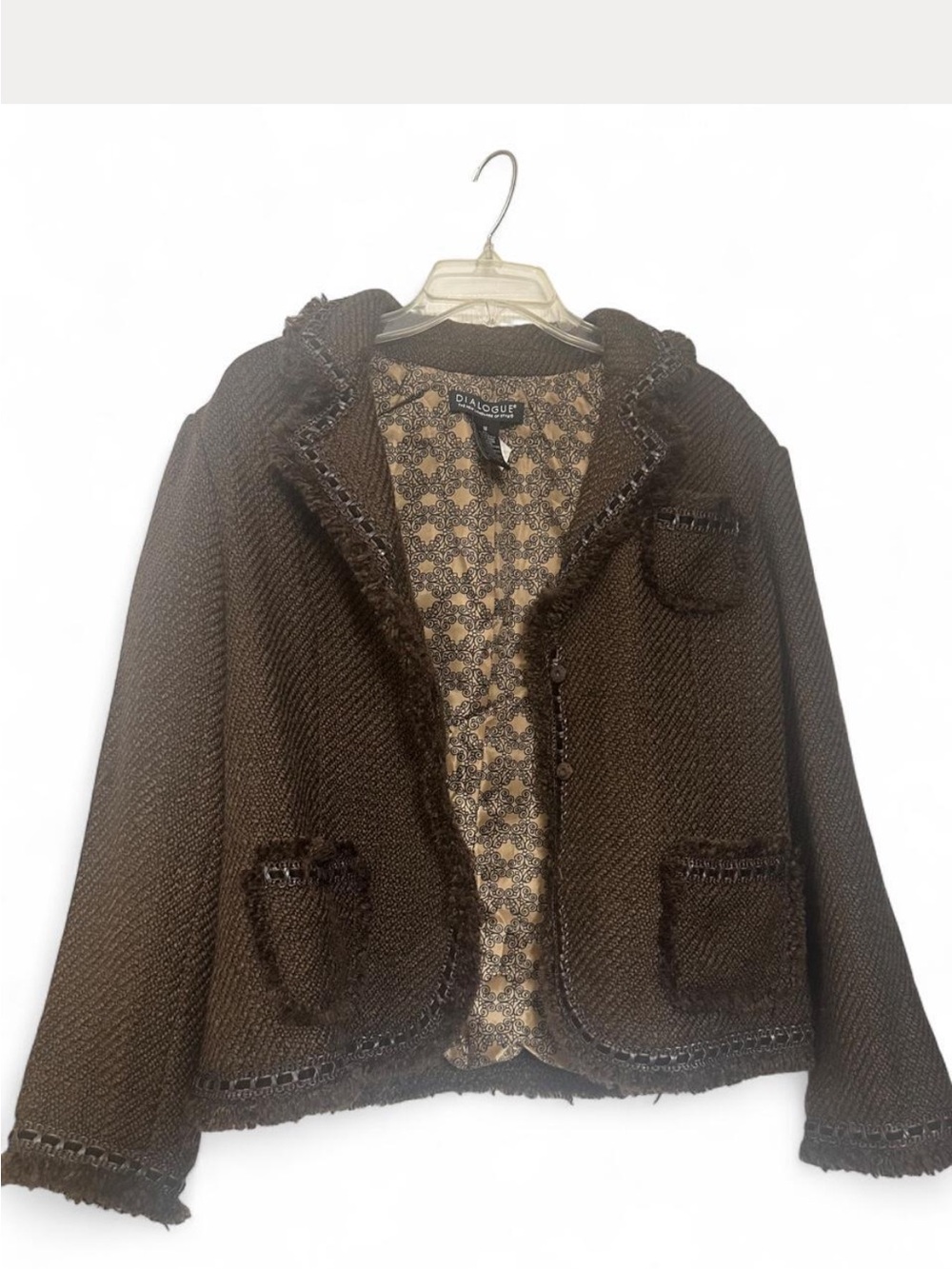 Dialogue Brown Tweed Fringe-Trim Open-Front Blazer